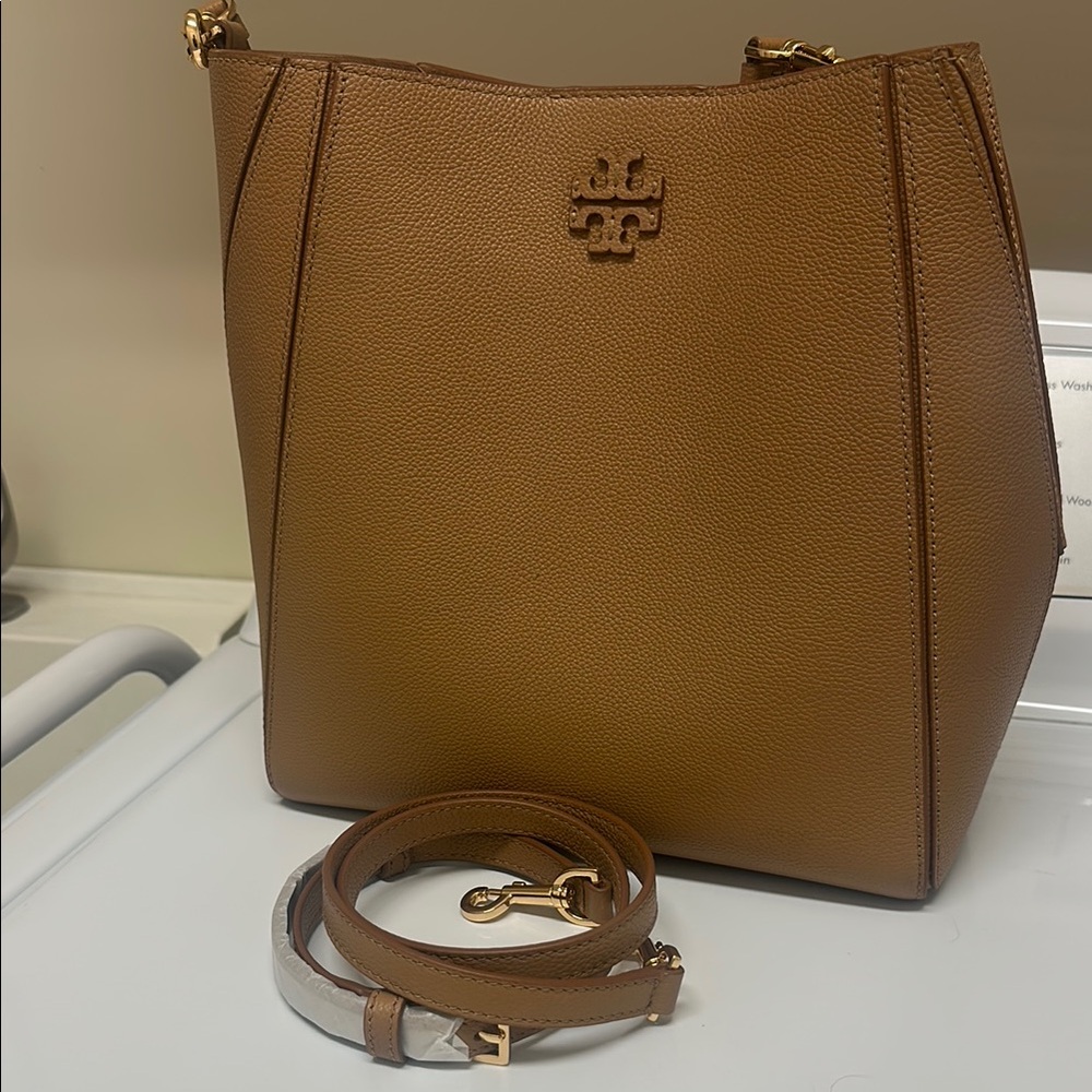 Tory Burch Brown Leather Shoulder Bag with Logo Emblem